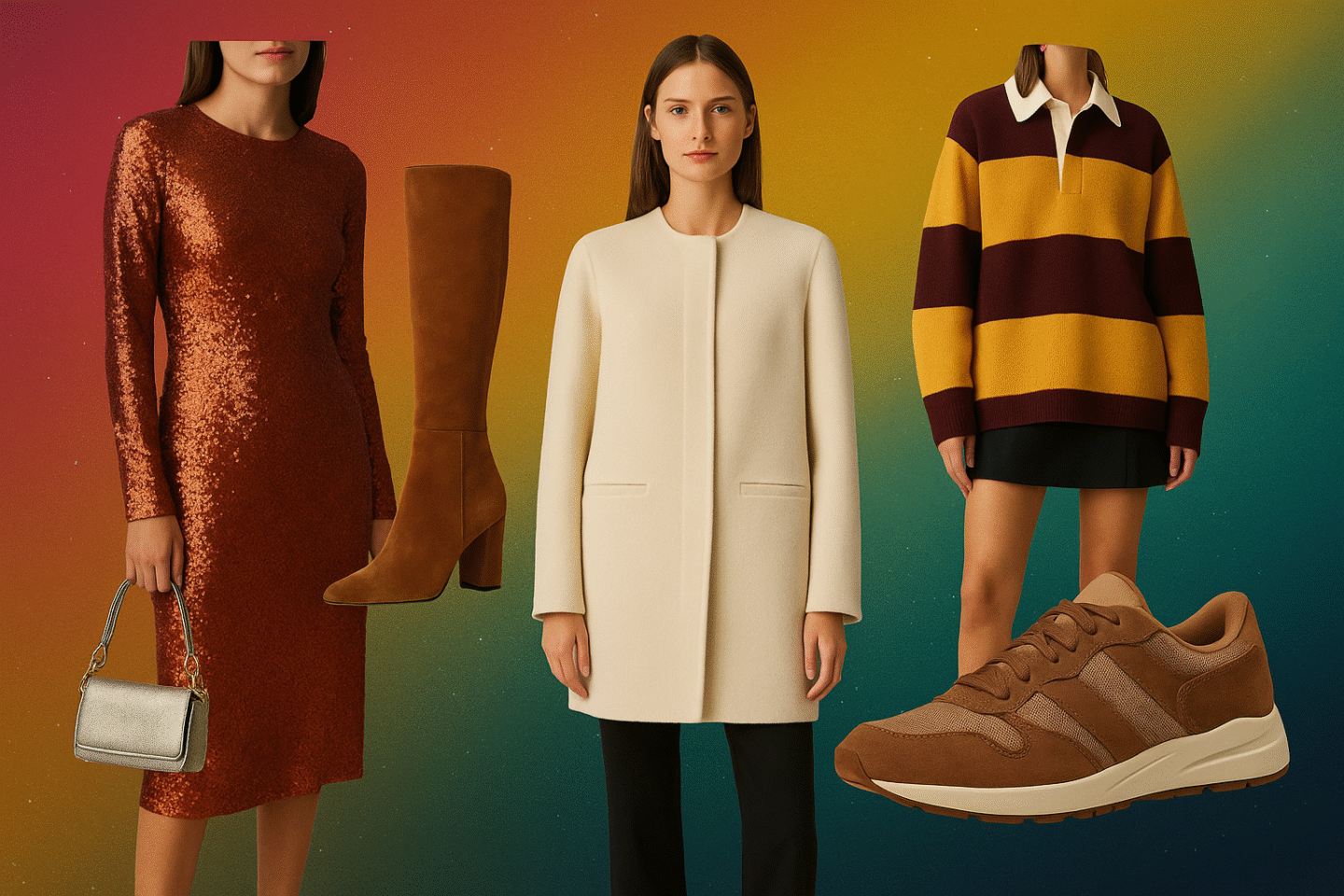 Editorial fashion collage for autumn 2025 showing sequined dress, ivory wool coat, suede knee-high boots, striped rugby sweater, and brown sneakers on a red, yellow, and teal gradient background.