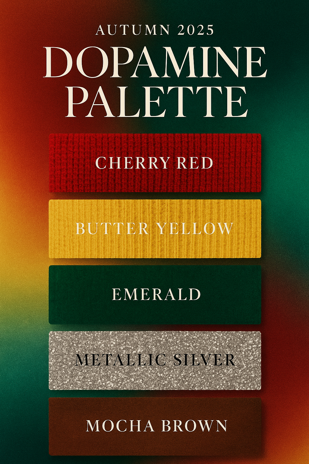 Editorial moodboard infographic titled “Autumn 2025 Dopamine Palette,” showing five textured swatches: cherry red knit, butter yellow knit, emerald velvet, metallic silver sequins, and mocha brown suede, on a gradient background.