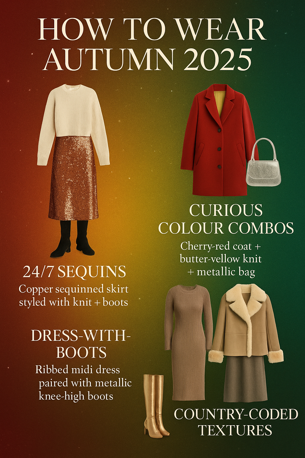 Infographic guide titled “How to Wear Autumn 2025,” showing four fashion trends: sequins styled with knit and boots, cherry-red coat with butter-yellow knit and metallic bag, ribbed midi dress with metallic knee-high boots, and suede boots with faux-fur trim coat. Aura gradient background in red, yellow, and green with a glossy editorial finish.