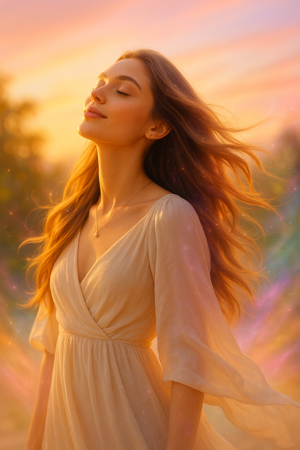 pcos-hair-loss-confidence-renewal-sunlight-uhd Empowering editorial portrait of a woman in golden sunlight with cosmic sparkles in her flowing hair, symbolising confidence and renewal.