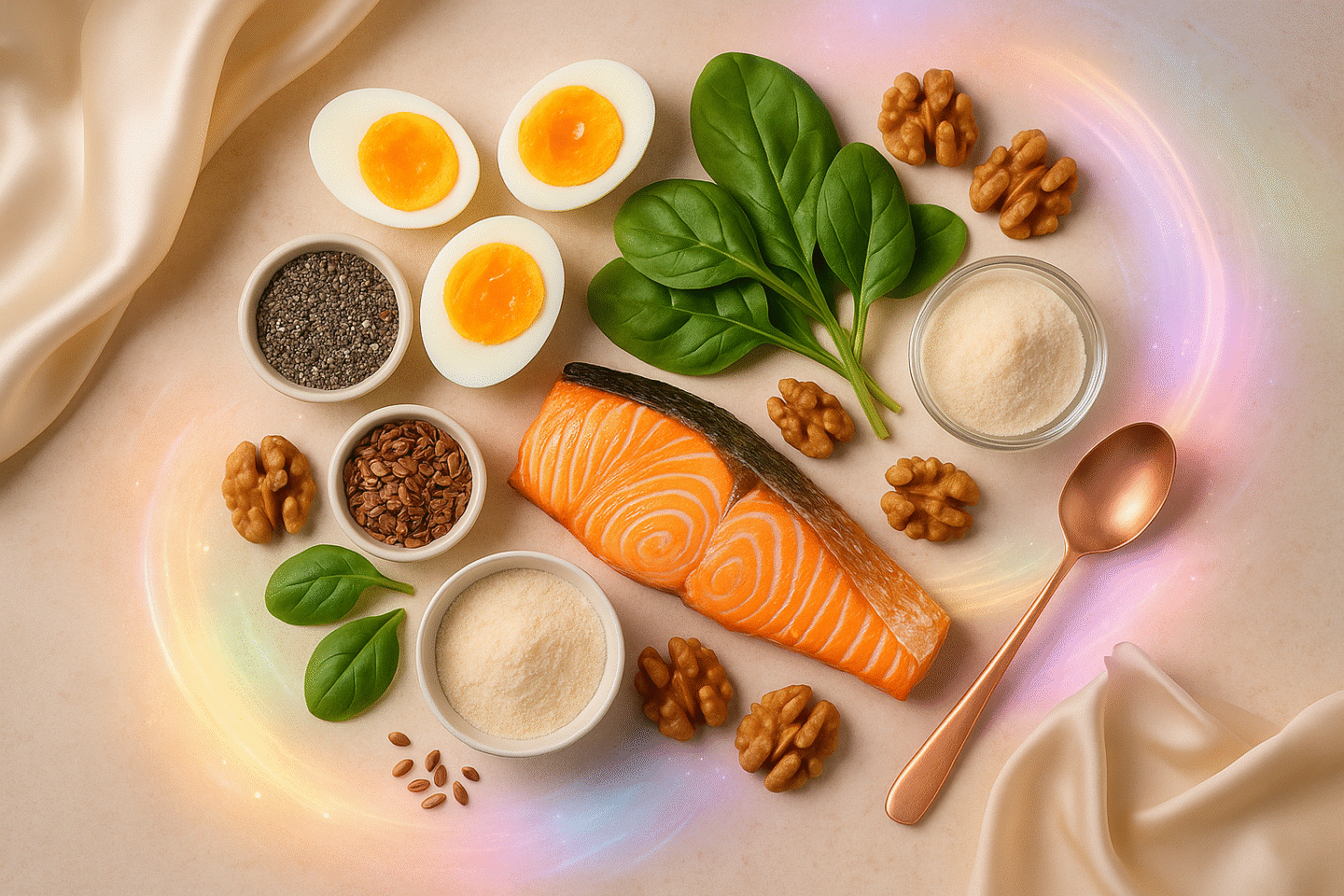 pcos-hair-loss-diet-foods-cosmic-still-life-uhd-1440x960-1 Editorial flatlay of salmon, eggs, spinach, seeds, walnuts, and collagen powder styled with pastel cosmic aura light, representing food as medicine for PCOS