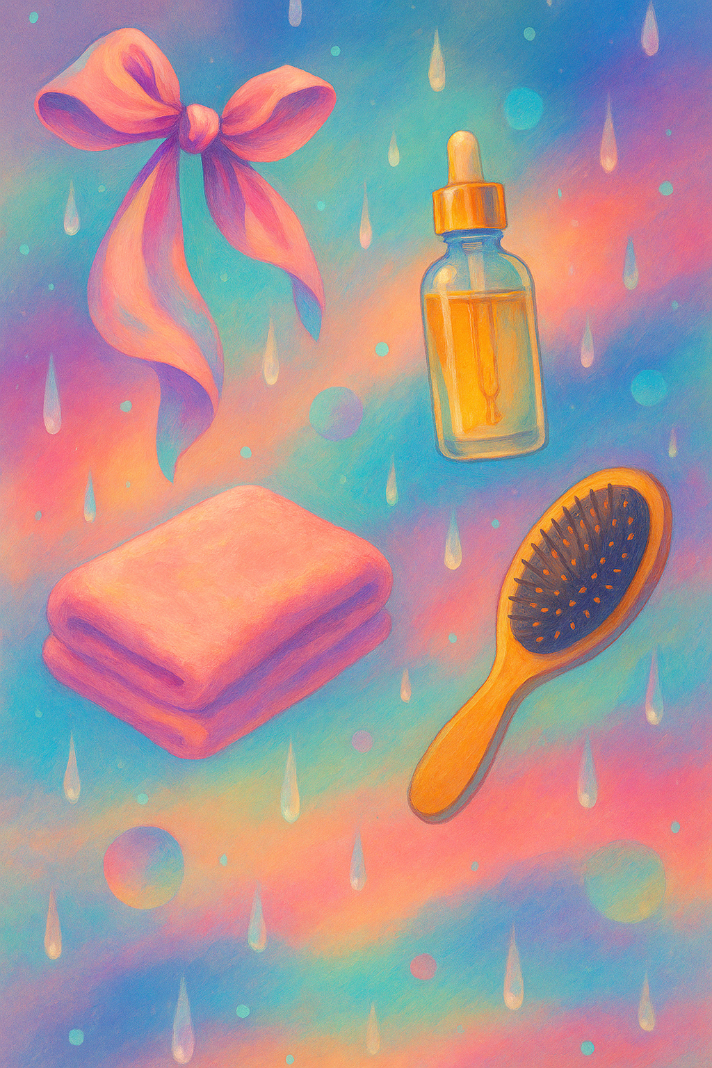 rainy-day-hair-hacks-pinterest-infographic Aura gradient Pinterest infographic background with haircare elements floating in rain.