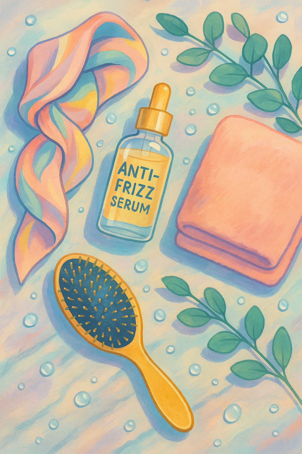 weatherproof-hair-products-flatlay-2025 Flatlay of frizz-proof hair essentials including silk scarf, serum, and microfibre towel on marble surface.